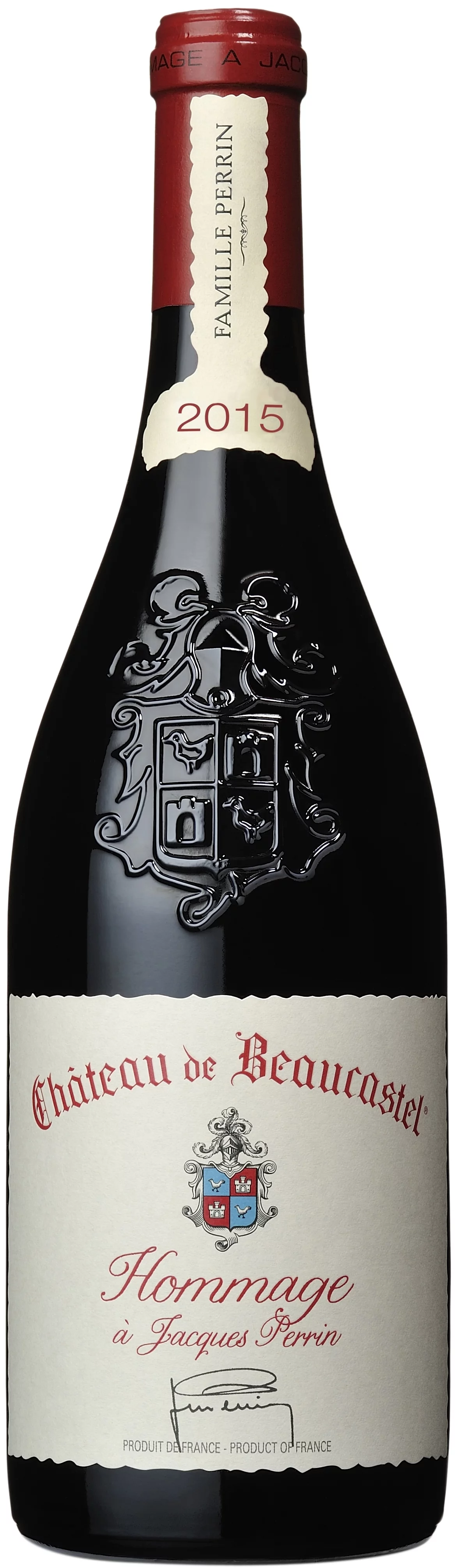 2015 Châteauneuf-du-Pape rouge Hommage à Jacques Perrin in Rot, Vorderansicht, Artikelnummer 10010465