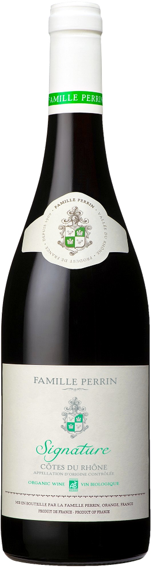 2024 Côtes du Rhône 'Signature' Biowein von Famille Perrin in Schwarz - Vorderansicht