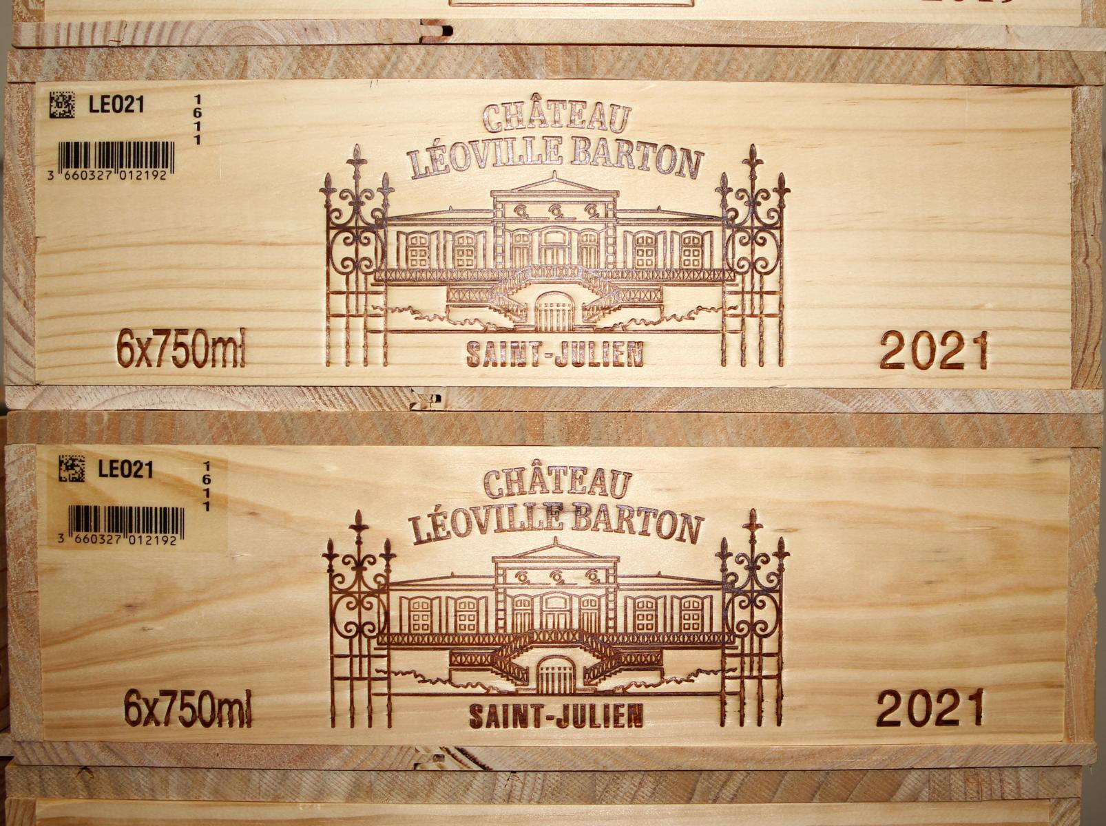 2021 Château Léoville Barton Wein Holzkiste in Naturholz - Vorderansicht