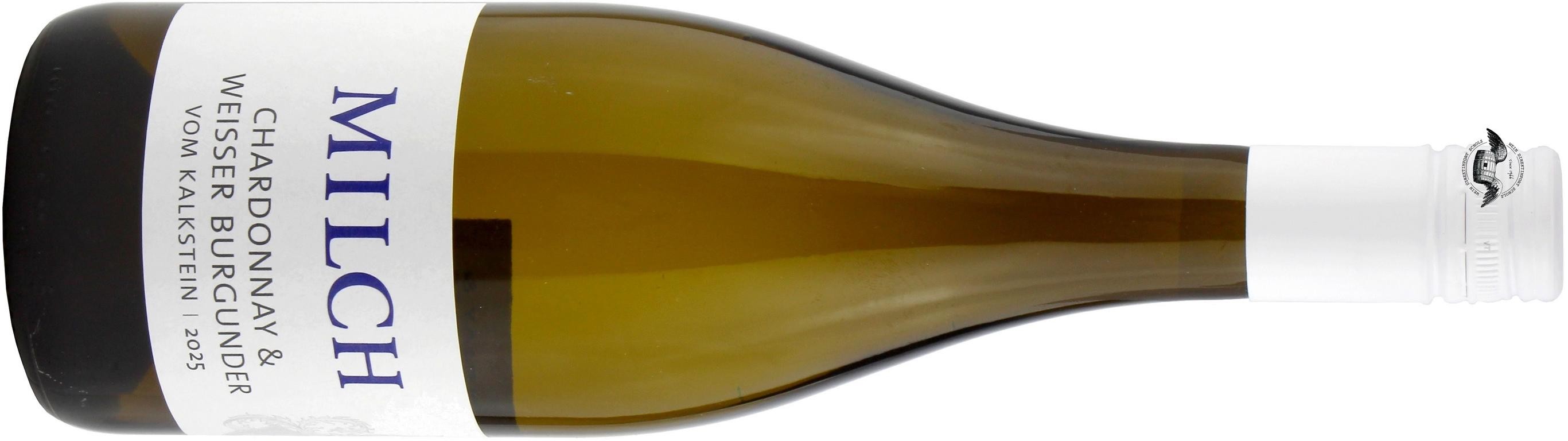 2025 Chardonnay & Weißer Burgunder trocken 'Vom Kalkstein', Weingut K.-H. Milch, Flasche in Weiß - Vorderansicht