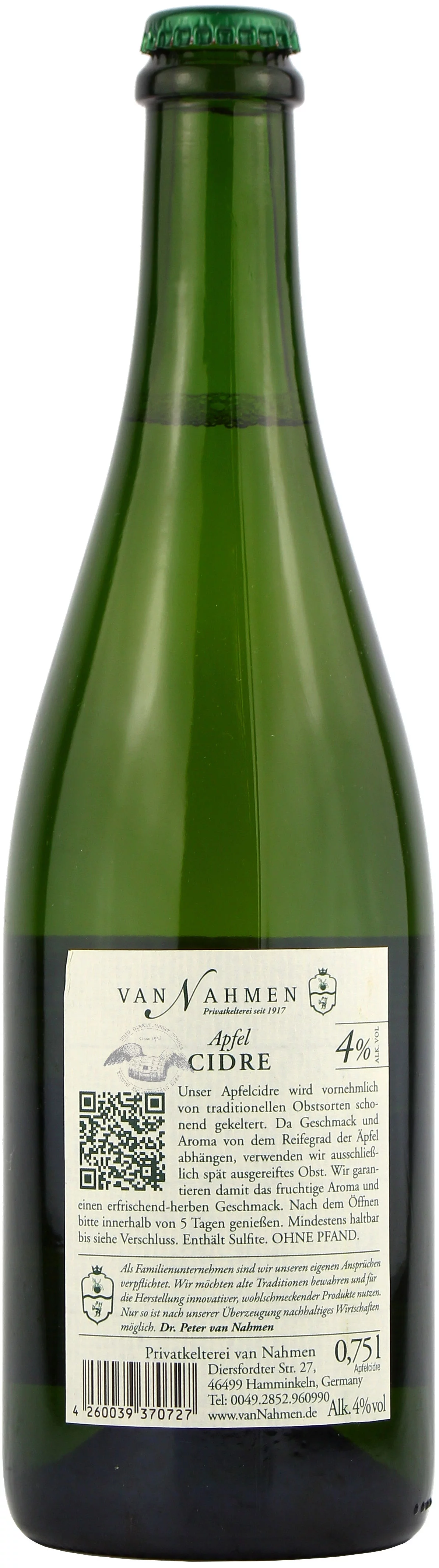 Van Nahmen Apfelcidre trocken, grün - Rückansicht, Artikelnummer 10010534