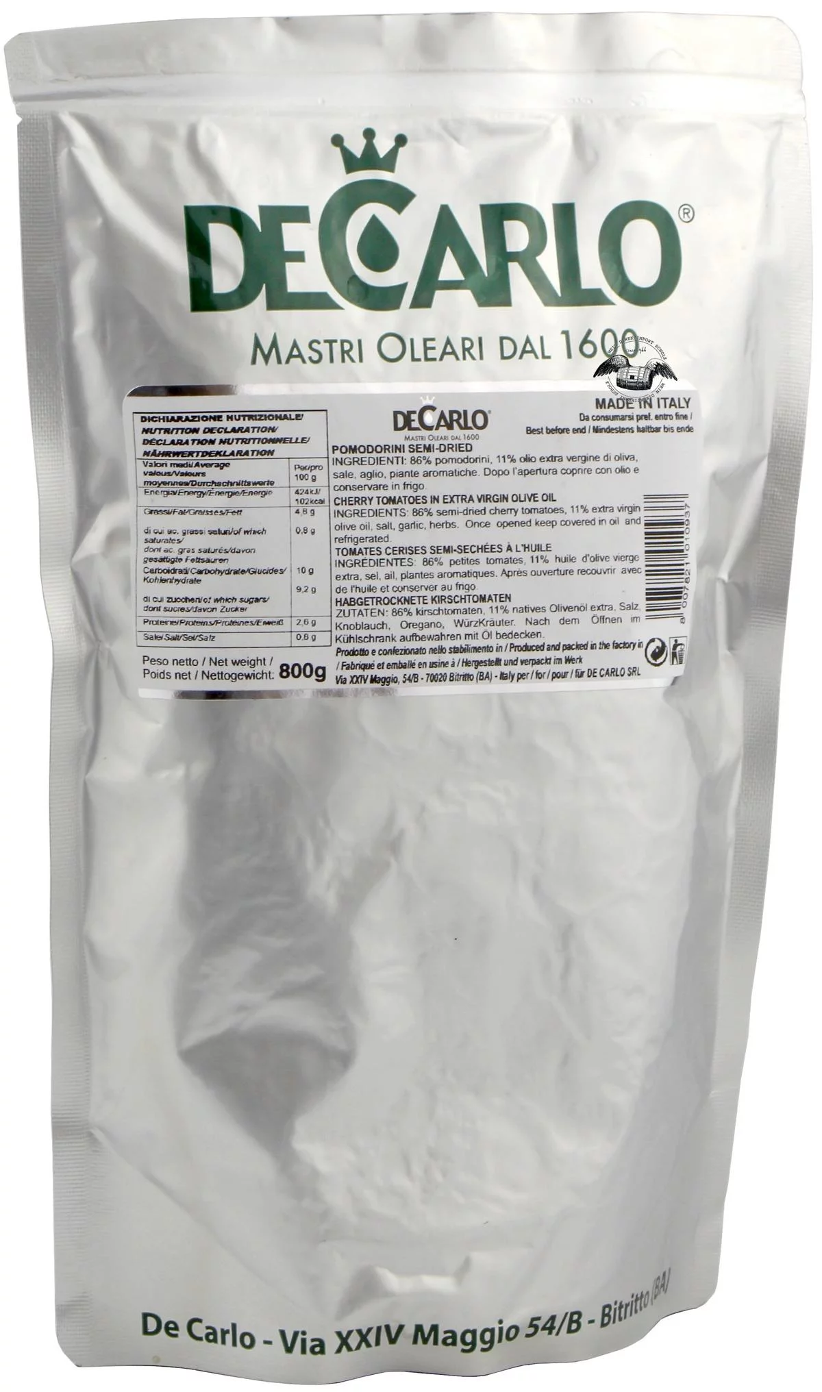 Pomodorini, halbgetrocknete Kirschtomaten in Olivenöl, Beutel 800 g von De Carlo, Silber, Vorderansicht
