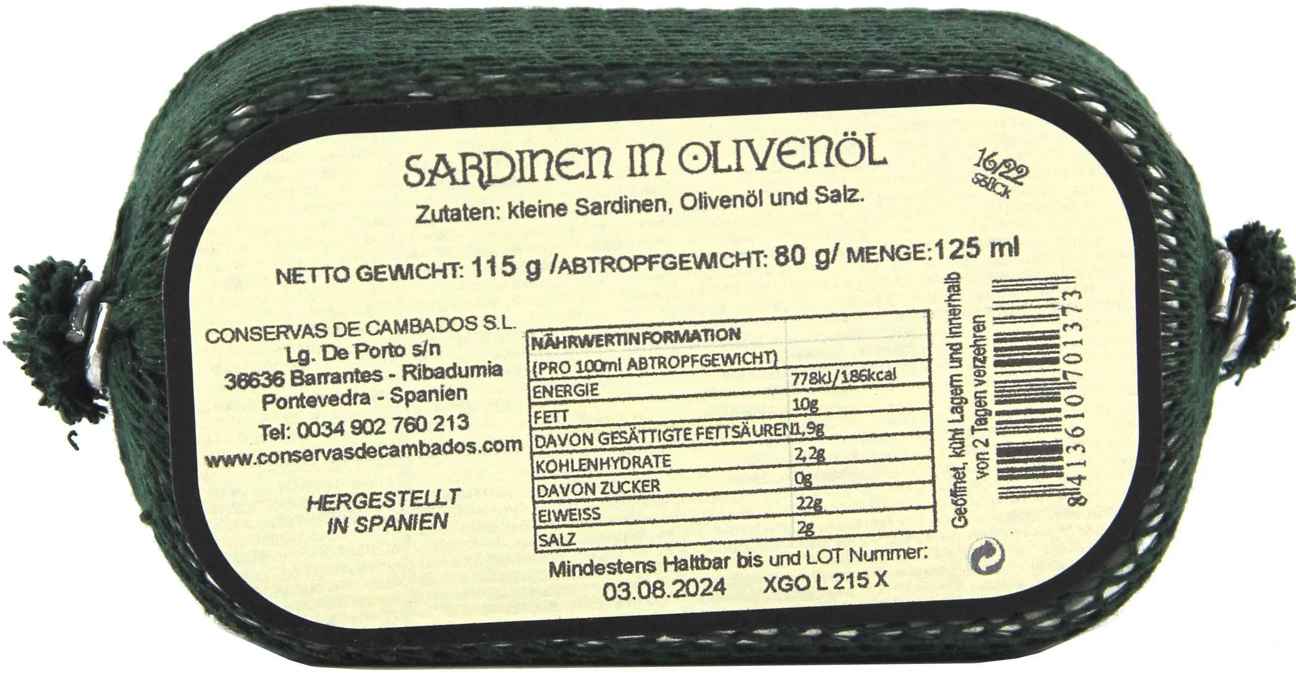 Kleine Sardinen 16/22 in Olivenöl 80 g, grün, Rückansicht