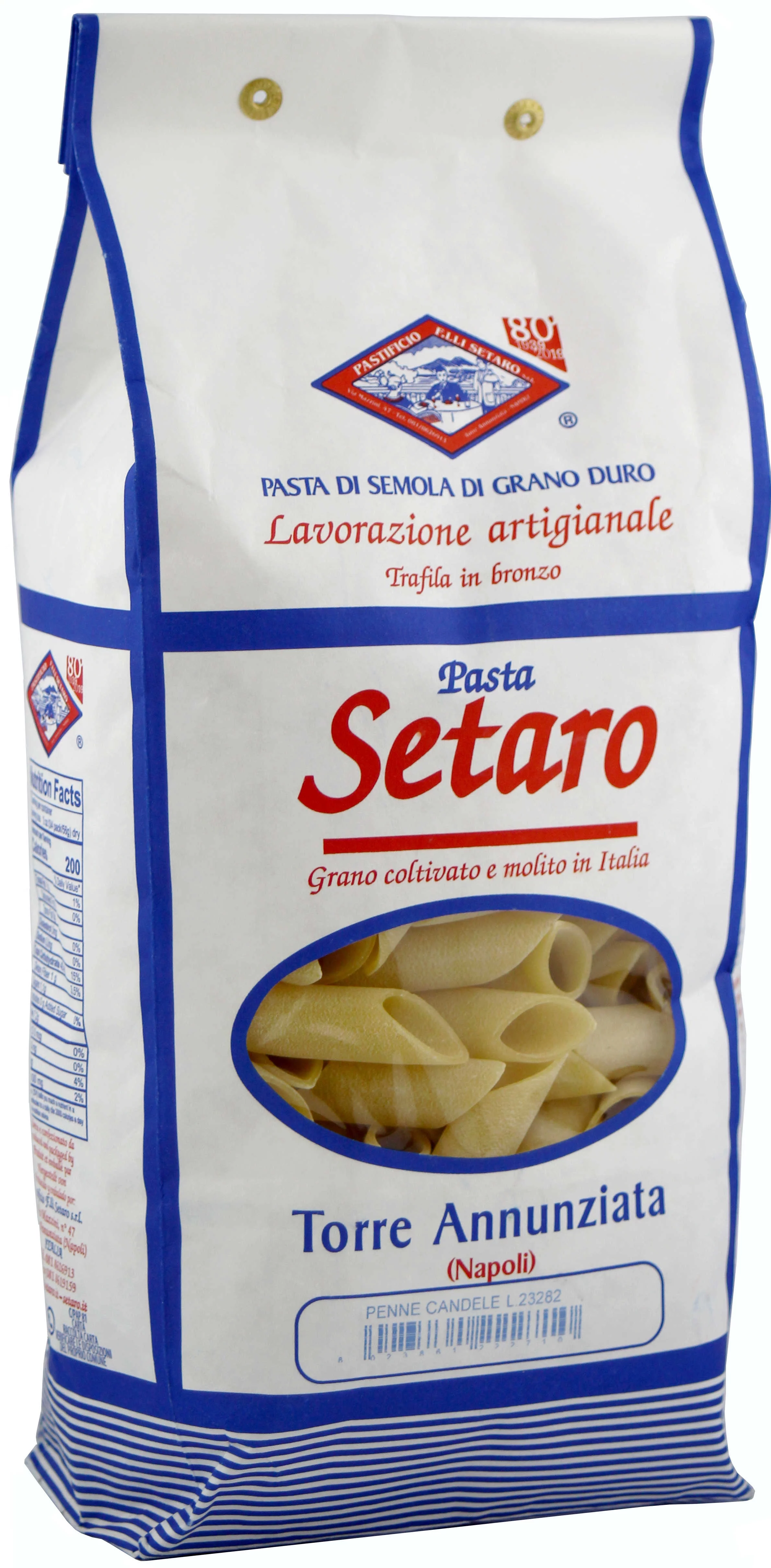 Pastificio Fratelli Setaro Penne Candela 1 kg in weiß-blau - schräge Ansicht